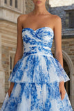 White Blue Floral Strapless Tiered Prom Dress with Ruffles