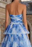 White Blue Floral Strapless Tiered Prom Dress with Ruffles