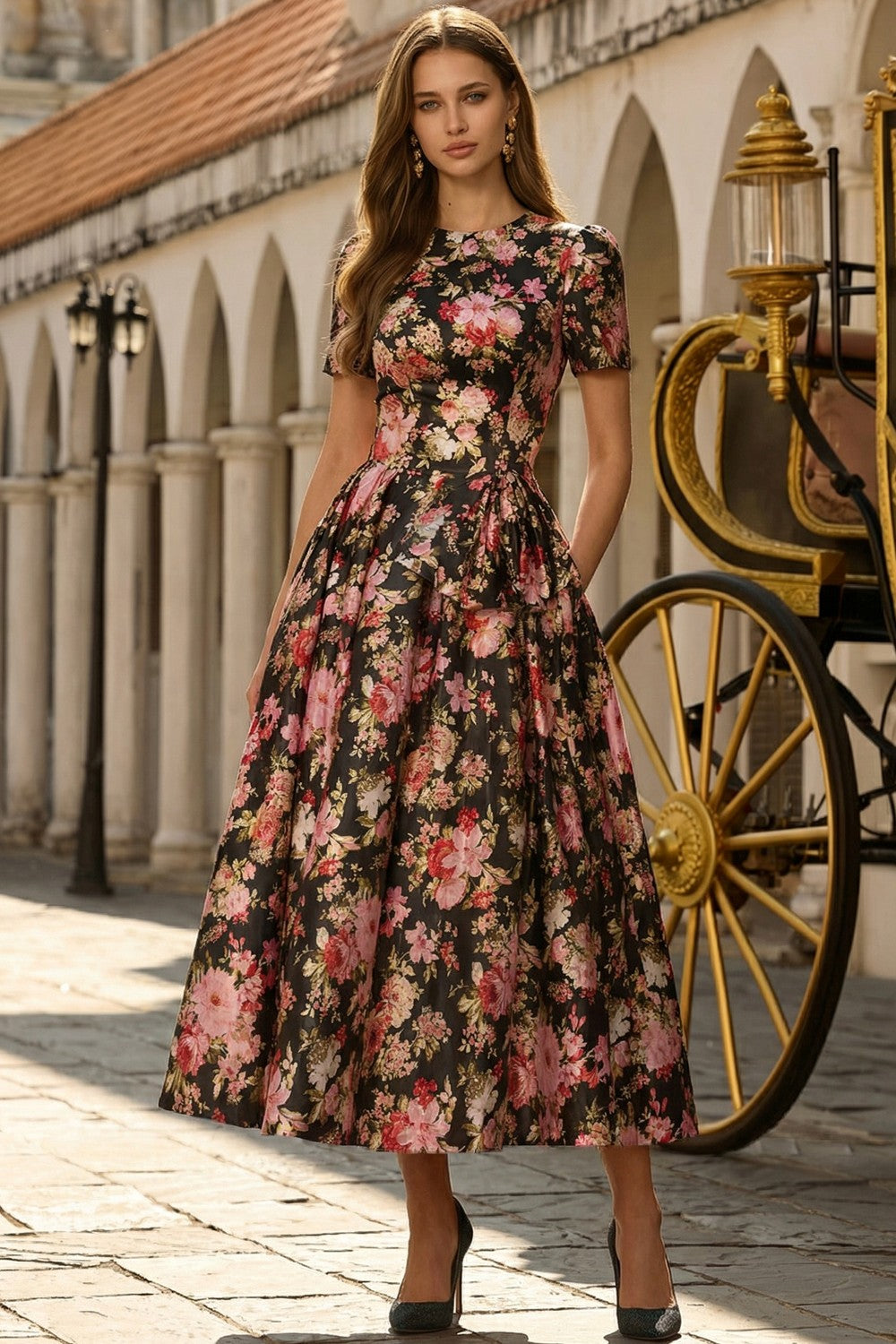 Berylove Women Black Pink Floral Casual Wedding Guest Dress A Line Round Neck Midi Party Dress, Black Pink Flower / US10 Berylove Women Black Pink Floral Casual Wedding Guest Dress A Line Round Neck Midi Party Dress, Black Pink Flower / US10