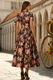 A Line Black Pink Floral Midi Wedding Guest Dress
