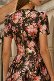 A Line Black Pink Floral Midi Wedding Guest Dress
