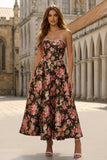 Strapless Black Pink Floral Midi Wedding Guest Dress with Pearls