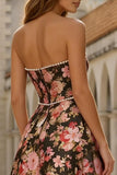 Strapless Black Pink Floral Midi Wedding Guest Dress with Pearls