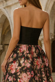 Strapless Black Pink Floral A Line Maxi Wedding Guest Dress