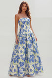 Strapless Blue White Floral A Line Maxi Wedding Guest Dress