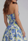Strapless Blue White Floral A Line Maxi Wedding Guest Dress