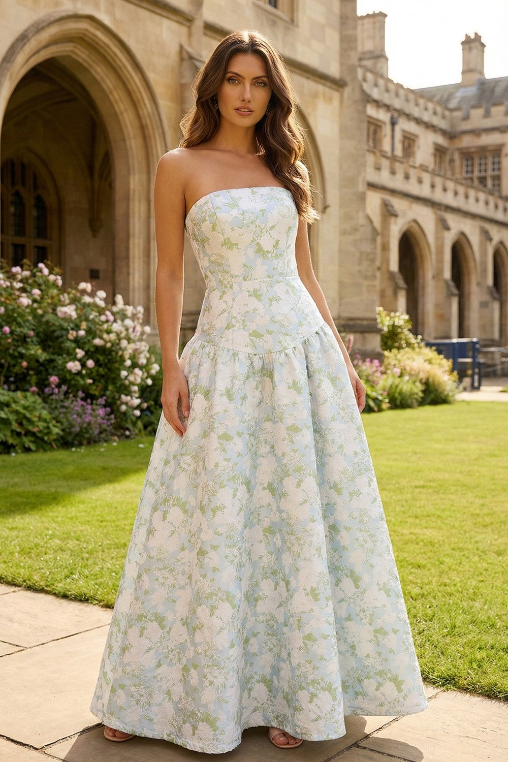 a line floral wedding guest dress Zapaka Women Floral Midi Dress with Ruffles A-Line Tulle Champagne Off the Shoulder Embroidered Corset Lace-Up Back Wedding Guest Dress, Champagne /