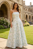 Strapless Blue White Floral A Line Maxi Wedding Guest Dress