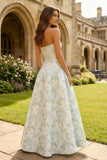 Strapless Blue White Floral A Line Maxi Wedding Guest Dress