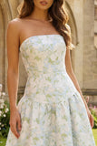 Strapless Blue White Floral A Line Maxi Wedding Guest Dress