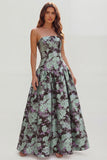 Strapless Blue White Floral A Line Maxi Wedding Guest Dress