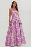 Strapless Blue White Floral A Line Maxi Wedding Guest Dress