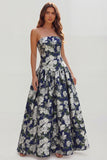 Strapless Blue White Floral A Line Maxi Wedding Guest Dress