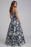 Strapless Blue White Floral A Line Maxi Wedding Guest Dress