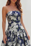 Strapless Blue White Floral A Line Maxi Wedding Guest Dress