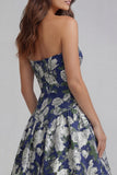 Strapless Blue White Floral A Line Maxi Wedding Guest Dress