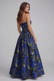 Strapless Blue White Floral A Line Maxi Wedding Guest Dress