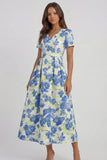 Blue White Floral A Line V Neck Midi Wedding Guest Dress