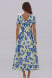 Blue White Floral A Line V Neck Midi Wedding Guest Dress