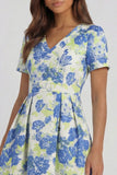 Blue White Floral A Line V Neck Midi Wedding Guest Dress