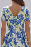 Blue White Floral A Line V Neck Midi Wedding Guest Dress