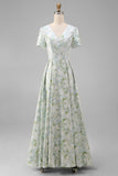 Blue White Floral A Line V Neck Midi Wedding Guest Dress