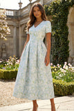 Blue White Floral A Line V Neck Midi Wedding Guest Dress