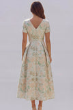 Blue White Floral A Line V Neck Midi Wedding Guest Dress