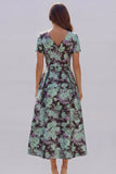 Blue White Floral A Line V Neck Midi Wedding Guest Dress