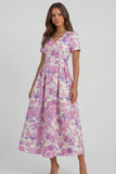 Blue White Floral A Line V Neck Midi Wedding Guest Dress