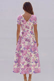 Blue White Floral A Line V Neck Midi Wedding Guest Dress