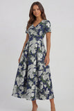 Blue White Floral A Line V Neck Midi Wedding Guest Dress
