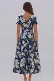 Blue White Floral A Line V Neck Midi Wedding Guest Dress