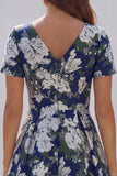 Blue White Floral A Line V Neck Midi Wedding Guest Dress