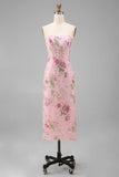 Sparkly Strapless Pink Floral Bodycon Midi Wedding Guest Dress