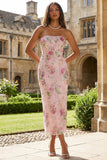 Sparkly Strapless Pink Floral Bodycon Midi Wedding Guest Dress