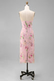Sparkly Strapless Pink Floral Bodycon Midi Wedding Guest Dress