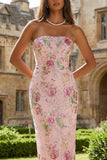 Sparkly Strapless Pink Floral Bodycon Midi Wedding Guest Dress