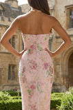 Sparkly Strapless Pink Floral Bodycon Midi Wedding Guest Dress