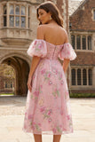 Off the Shoulder Pink Floral A Line Midi Wedding Guest Dress