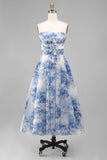 Strapless White Blue Floral A Line Midi Wedding Guest Dress
