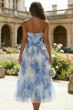 Strapless White Blue Floral A Line Midi Wedding Guest Dress