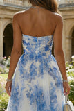 Strapless White Blue Floral A Line Midi Wedding Guest Dress