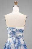 Strapless White Blue Floral A Line Midi Wedding Guest Dress