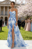 Strapless White Blue Floral A Line Wedding Guest Dress with Slit