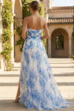 Strapless White Blue Floral A Line Wedding Guest Dress with Slit