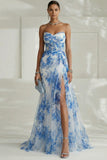 Strapless White Blue Floral A Line Wedding Guest Dress with Slit