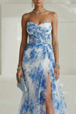 Strapless White Blue Floral A Line Wedding Guest Dress with Slit