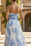 Strapless White Blue Floral A Line Wedding Guest Dress with Slit