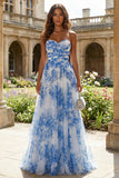 White Blue Floral A Line Strapless Ruched Wedding Guest Dress